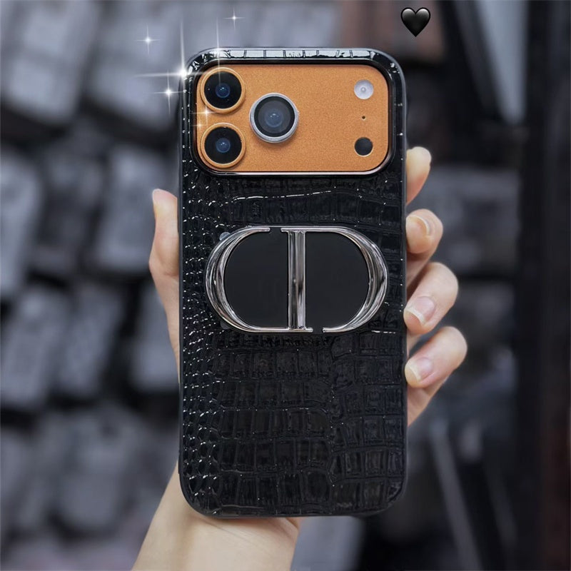 Luxury Dior Croc Case - Black Leather with Metal Bracket - iPhone 12-18 Pro & Pro Max