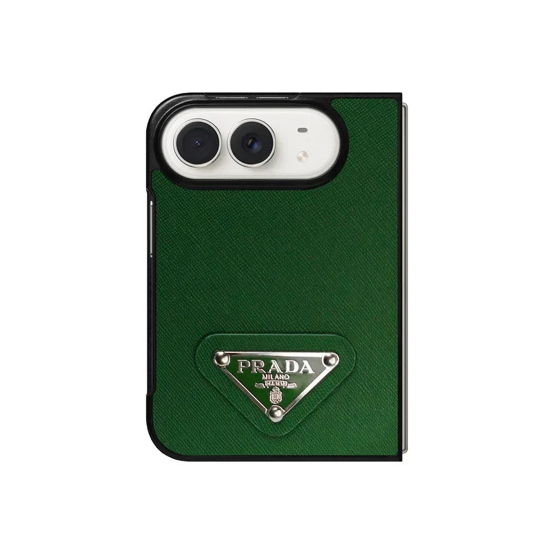 Luxury Textured Prada Leather Case with Green Metal Logo for iPhone Duo