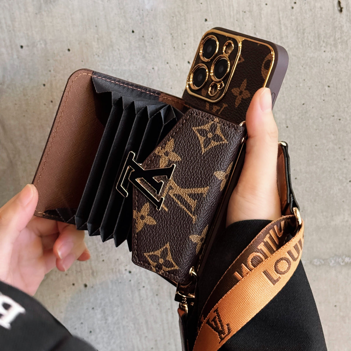 Leather Monogram Case with Wallet and Crossbody Strap For iPhone 12-18 Pro & Pro Max