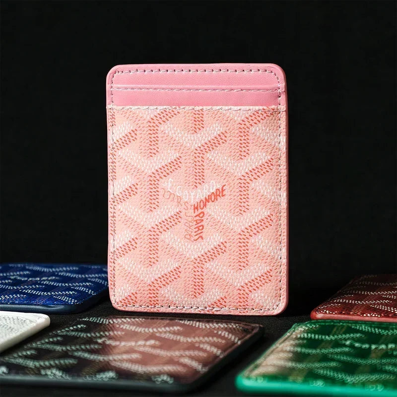 Premium Rose Pink magnetic MagSafe card holder with a luxurious geometric pattern