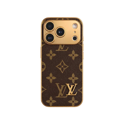 Elite Monogram Leather-Texture iPhone Case with Gold Accents