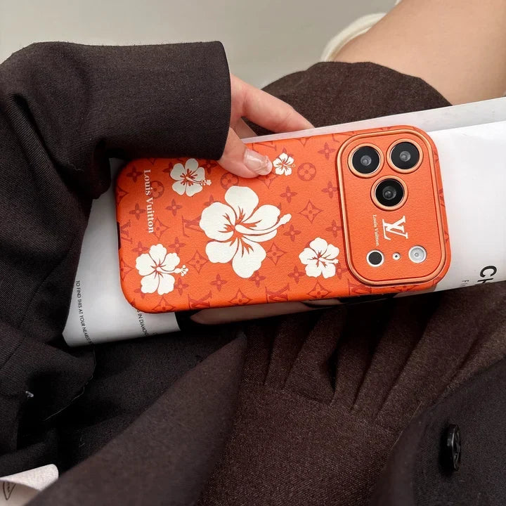 Orange LV Case with Beautiful Floral Patterns for iPhone 12-18 Pro & Pro Max