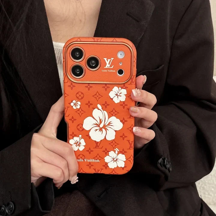 Orange LV Case with Beautiful Floral Patterns for iPhone 12-18 Pro & Pro Max