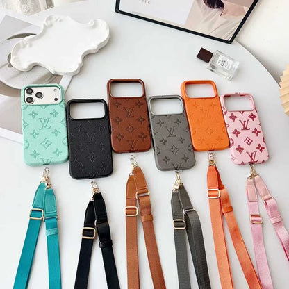 Lux Leather Case with Designer Crossbody Strap for iPhone 13-18 Pro & Pro Max