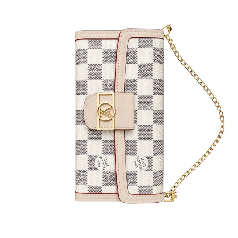 Luxury Leather Monogram iPhone Case With Flip Wallet And Crossbody Strap for iPhone 12-18 Pro & Pro Max