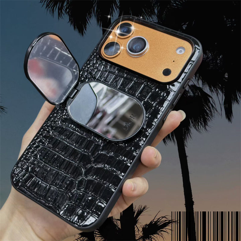 Luxury Dior Croc Case - Black Leather with Metal Bracket - iPhone 12-18 Pro & Pro Max