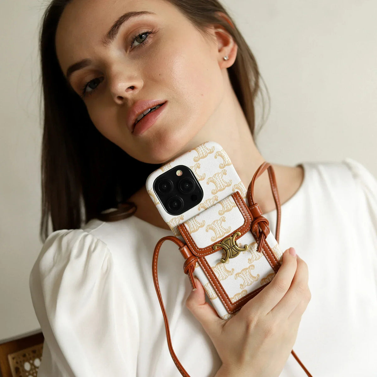 CLASSIC IPHONE CASE CROSSBODY WHITE PRINT FOR IPHONE 12-18 Pro & Pro Max