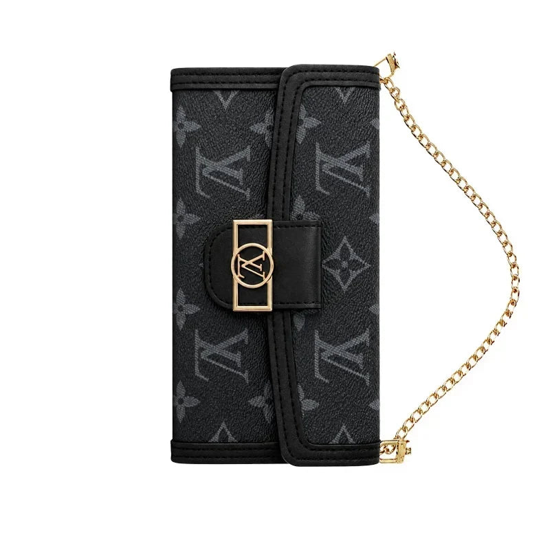 Luxury Leather Monogram iPhone Case With Flip Wallet And Crossbody Strap for iPhone 12-18 Pro & Pro Max