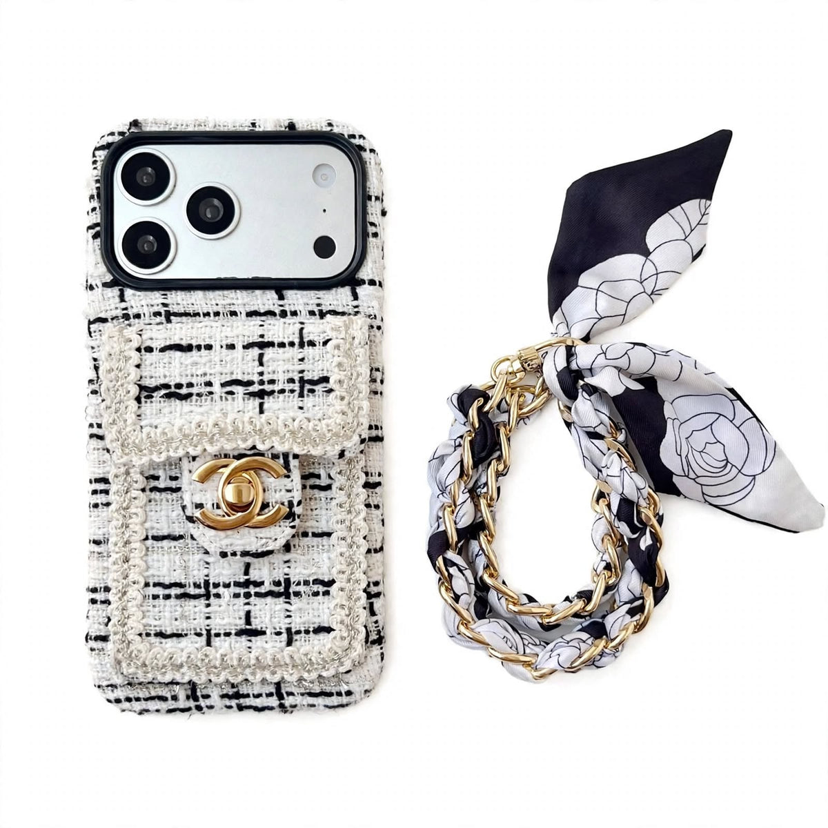 Luxury Tweed Designer iPhone Case with Scarf Chain for iPhone 13-18 Pro & Pro Max