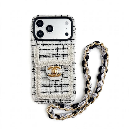 Luxury Tweed Designer iPhone Case with Scarf Chain for iPhone 13-18 Pro & Pro Max