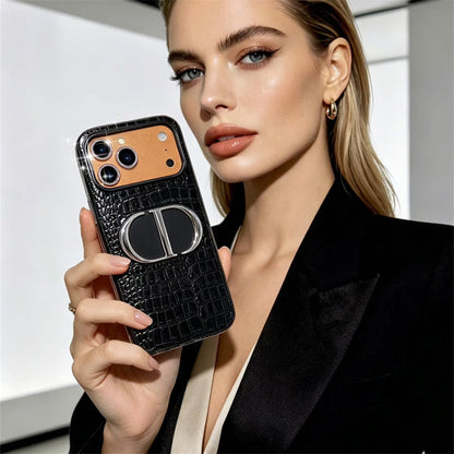 Luxury Dior Croc Case - Black Leather with Metal Bracket - iPhone 12-18 Pro & Pro Max