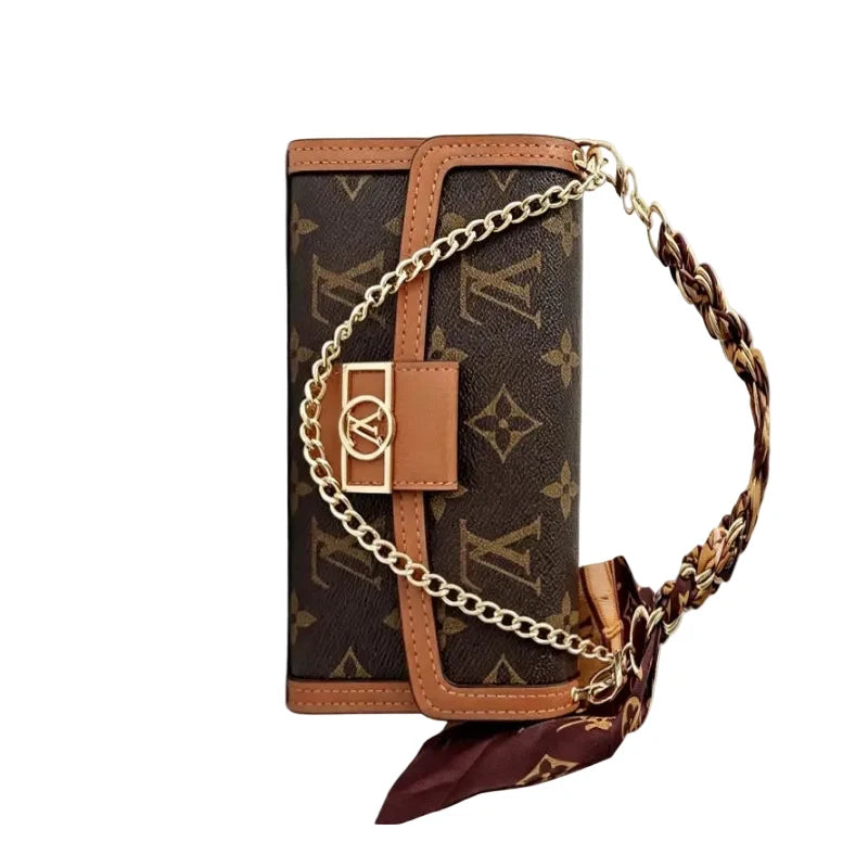 Luxury Leather Louis Vuitton iPhone Case With Flip Wallet And Chain 12-18 Pro & Pro Max