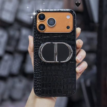 Luxury Dior Croc Case - Black Leather with Metal Bracket - iPhone 12-18 Pro & Pro Max