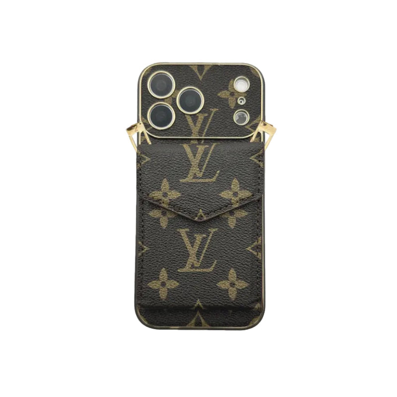 Leather Monogram Case with Wallet and Crossbody Strap For iPhone 12-18 Pro & Pro Max