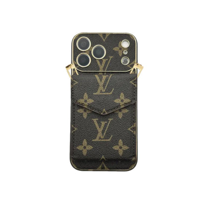 Leather Monogram Case with Wallet and Crossbody Strap For iPhone 12-18 Pro & Pro Max