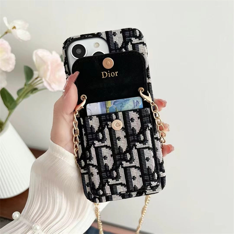 Dior Luxury iPhone Case with Chain, Card Slot, and Metal Logo Roxy New 2