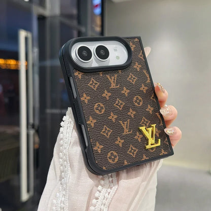 Luxury Classic LV Leather Case with Gold Emblem for iPhone Duo