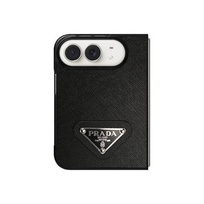 Luxury Textured Prada Leather Case with Black Metal Logo for iPhone Duo