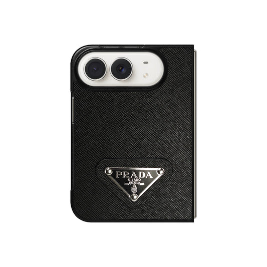 Luxury Textured Prada Leather Case with Black Metal Logo for iPhone Duo