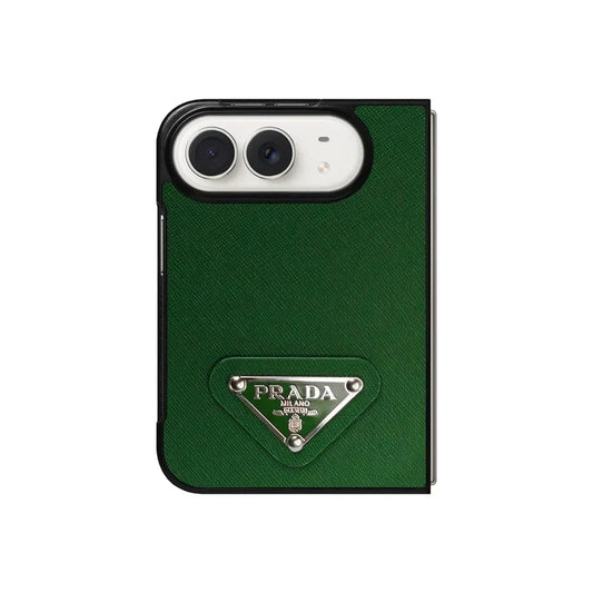 Luxury Textured Prada Leather Case with Green Metal Logo for iPhone Duo