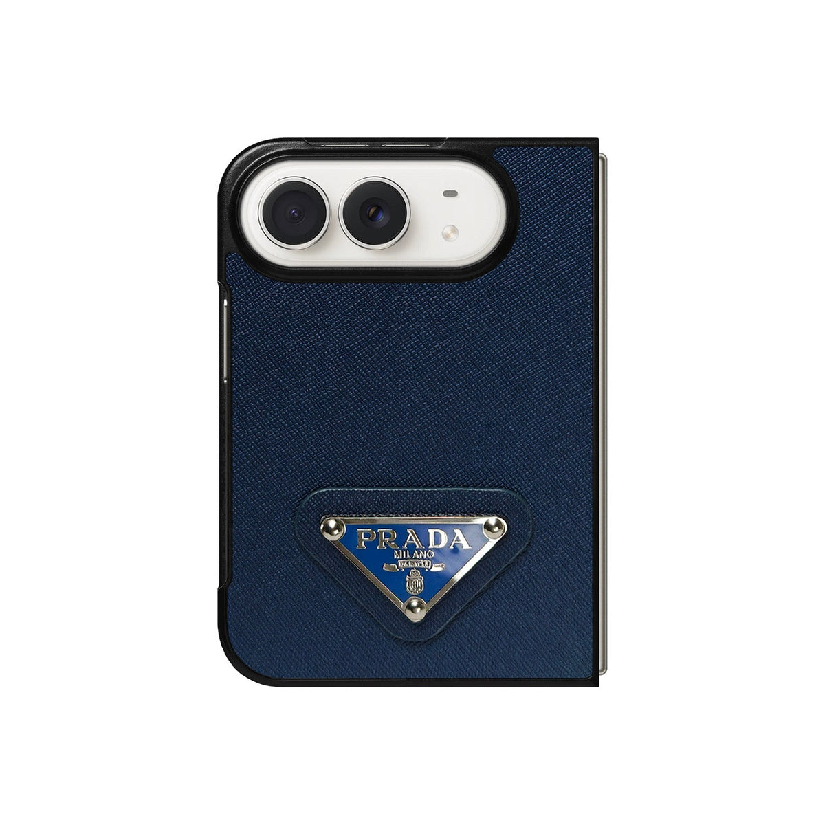 Luxury Textured Prada Leather Case with Blue Metal Logo for iPhone Duo