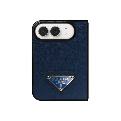 Luxury Textured Prada Leather Case with Blue Metal Logo for iPhone Duo