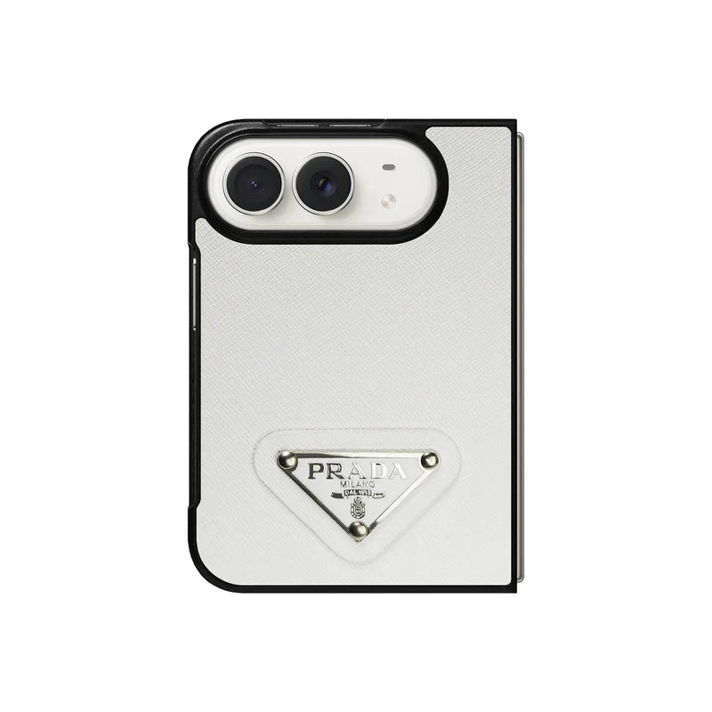 Luxury Textured Prada Leather Case with White Metal Logo for iPhone Duo