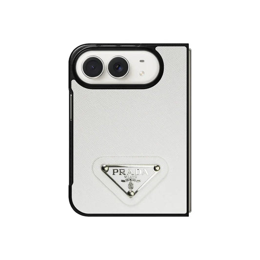 Luxury Textured Prada Leather Case with White Metal Logo for iPhone Duo