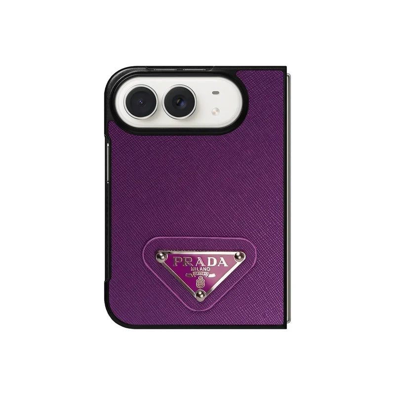Luxury Textured Prada Leather Case with Purple Metal Logo for iPhone Duo