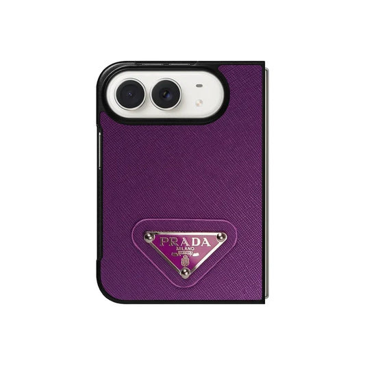 Luxury Textured Prada Leather Case with Purple Metal Logo for iPhone Duo