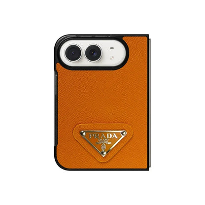 Luxury Textured Prada Leather Case with Orange Metal Logo for iPhone Duo