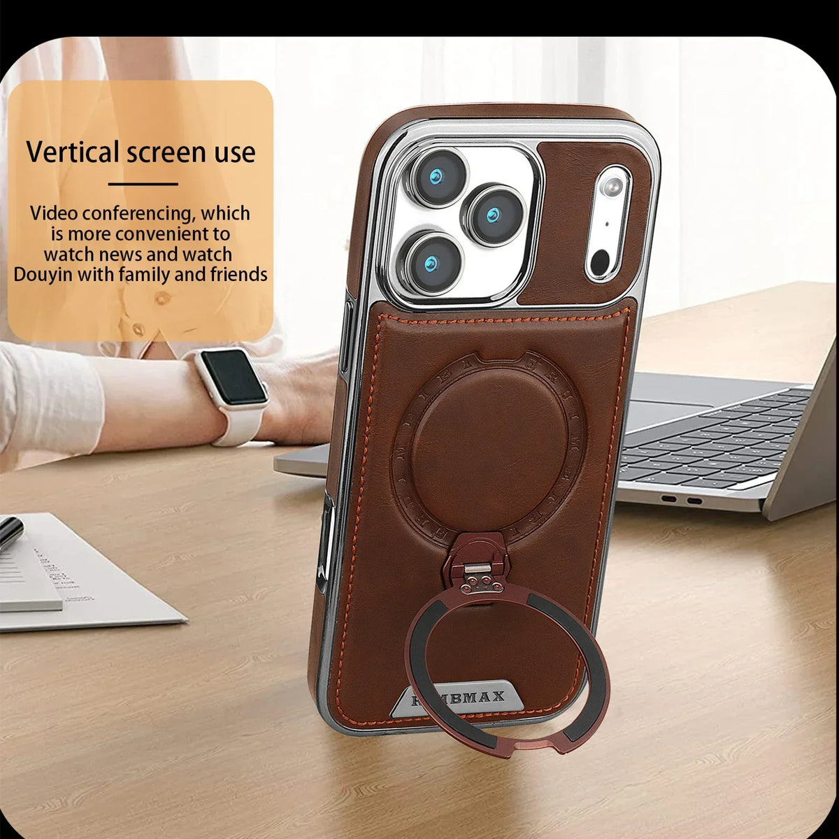 Magnetic Bracket Attraction Cowhide Leather Plating Case For iPhone