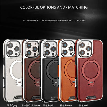 Magnetic Bracket Attraction Cowhide Leather Plating Case For iPhone