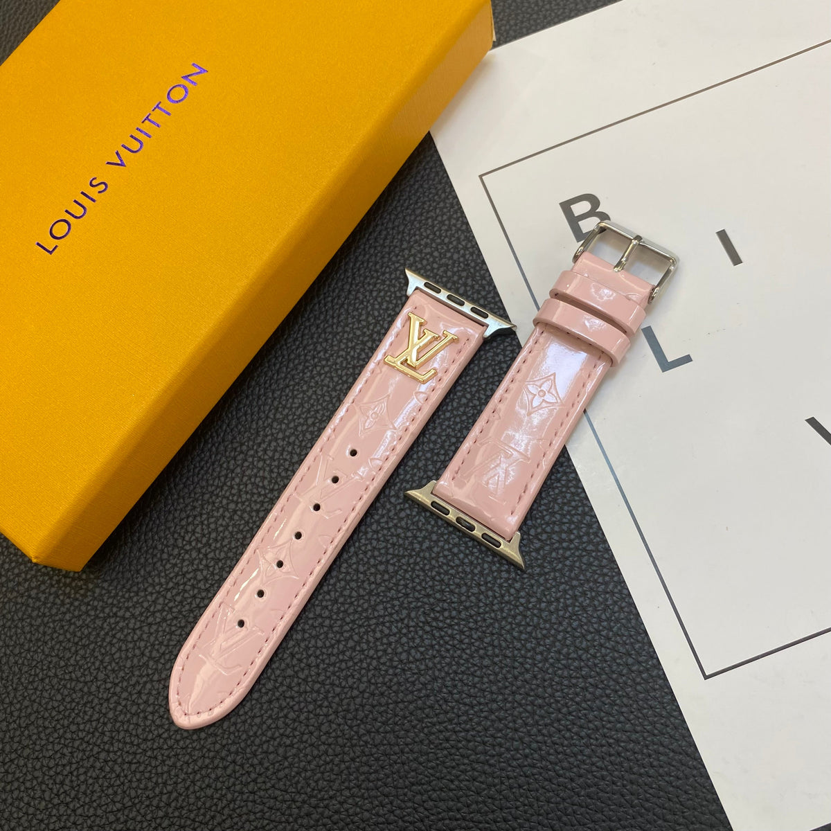 GLOSSY LEATHER APPLE WATCH STRAP LUXURY METAL LOGO Roxy New 2