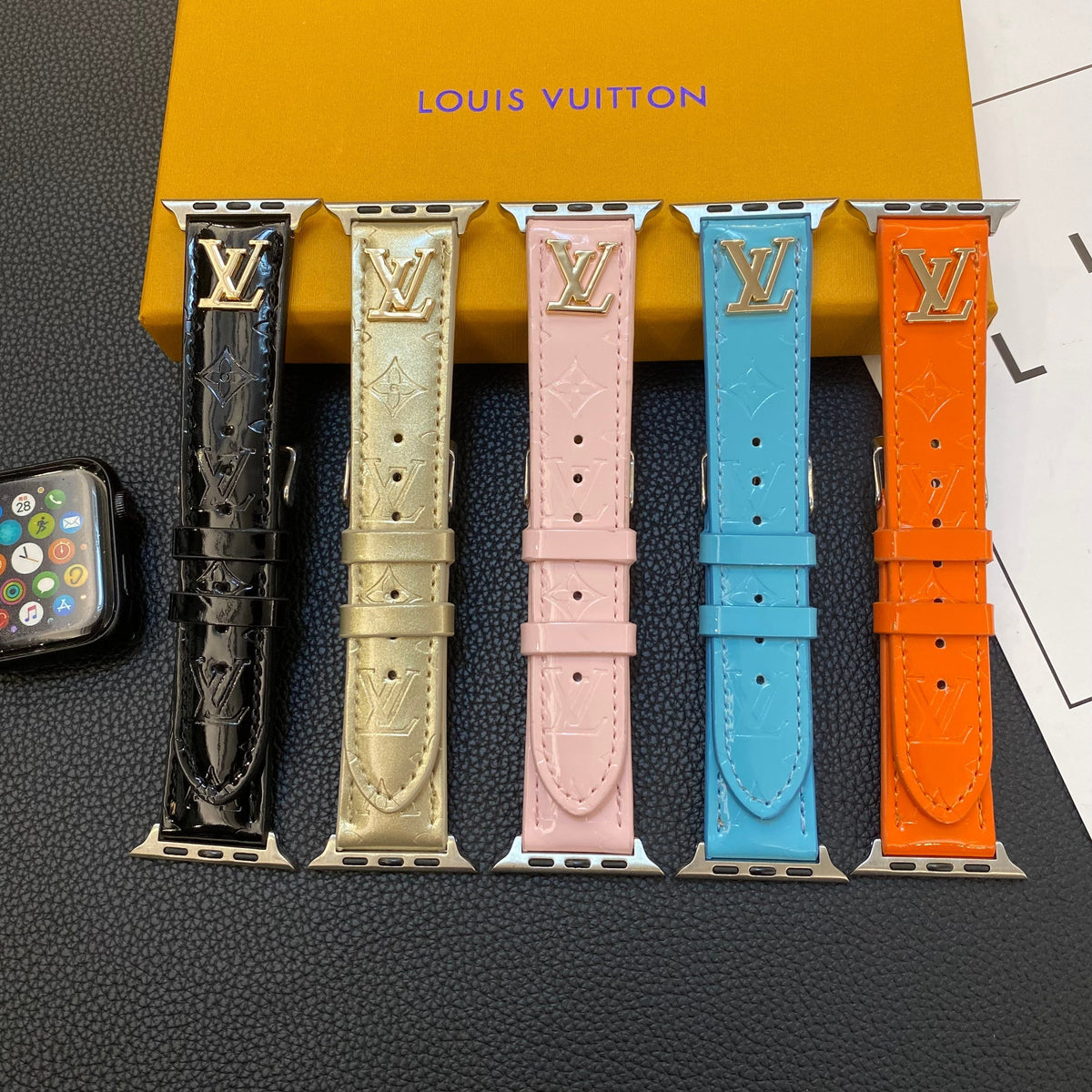 GLOSSY LEATHER APPLE WATCH STRAP LUXURY METAL LOGO Roxy New 2