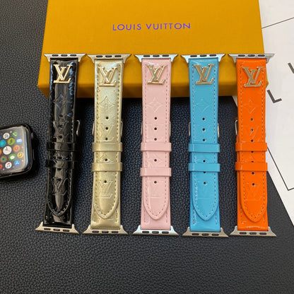 GLOSSY LEATHER APPLE WATCH STRAP LUXURY METAL LOGO Roxy New 2