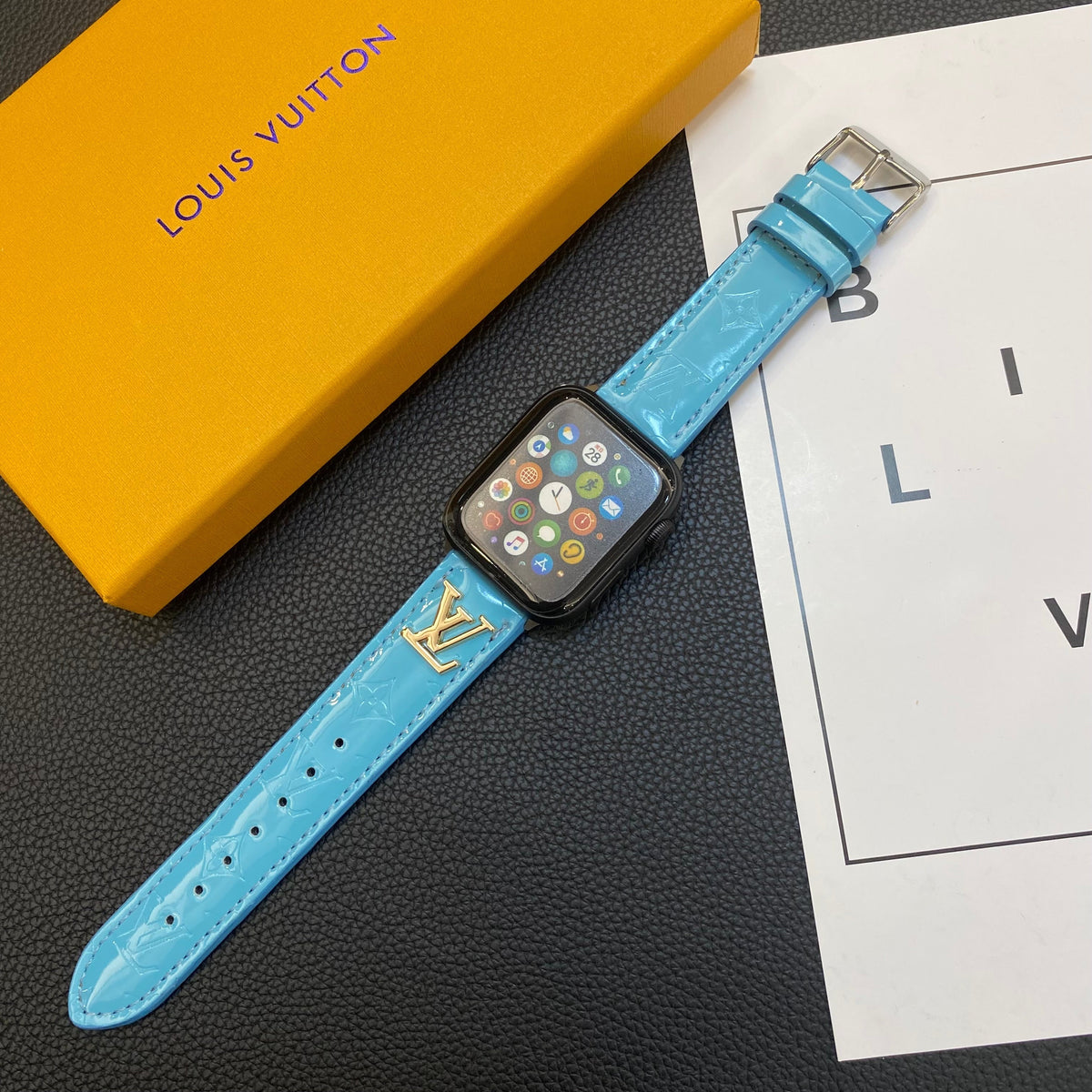 GLOSSY LEATHER APPLE WATCH STRAP LUXURY METAL LOGO Roxy New 2