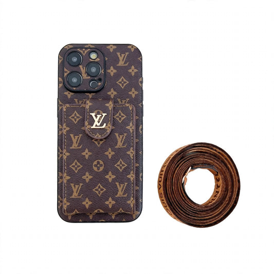 Monogram Canvas Leather Button Card Holder Crossbody iPhone Case 12-18 Pro & Pro Max
