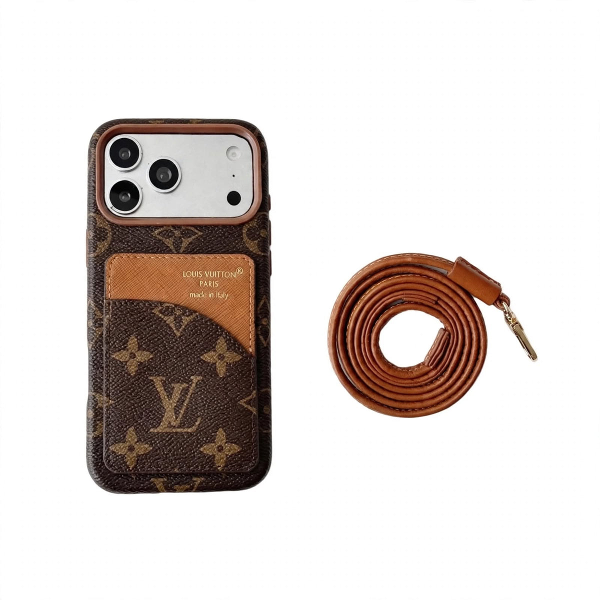 Luxury Monogram Cardholder Phone Case with Lanyard Strap For iPhone 13-18