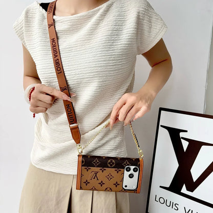Luxury Leather Monogram iPhone Case With Flip Wallet And Crossbody Strap for iPhone 12-18 Pro & Pro Max